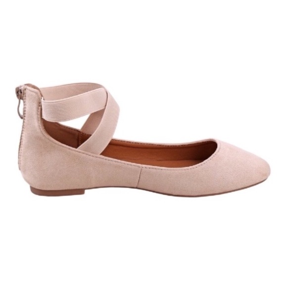 Ankle Strap Back Zip Almond Toe Ballet Flats Cream - Picture 3 of 4